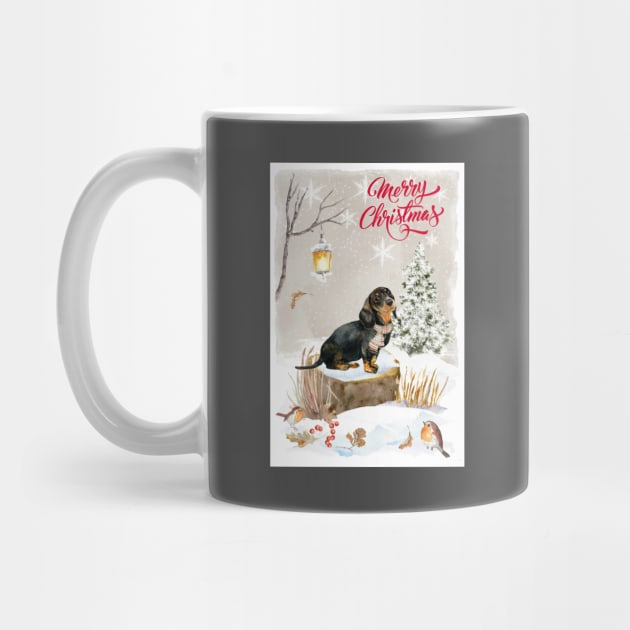 Black And Tan Dachshund Puppy Merry Christmas Santa Dog by Puppy Eyes